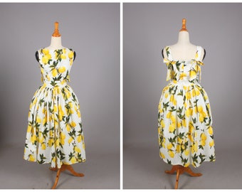 Madeline Dress "Freshly Squeezed" Retro Lemon Fruit Print Yellow Lemons