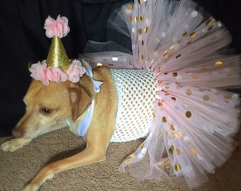 birthday dog outfit, dog birthday, pink and gold dog dress, dog birthday outfit, cute dog dress