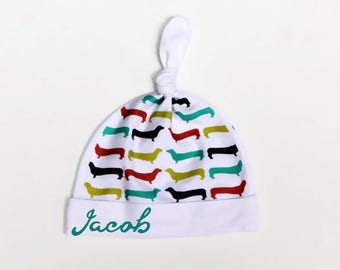 Custom Hat, Personalized Baby Hat, Customized Baby Hat, Top Knot Hat, Personalized Hat With Name, Dachshund Baby Hat, Doxie Hat