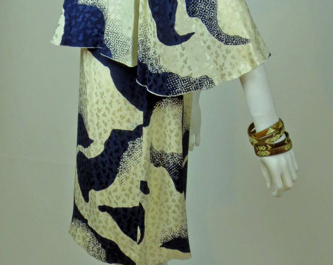 80s Maxim's de Paris jacquard ink blot printed ruffled cape sleeve silk charmeuse mini dress