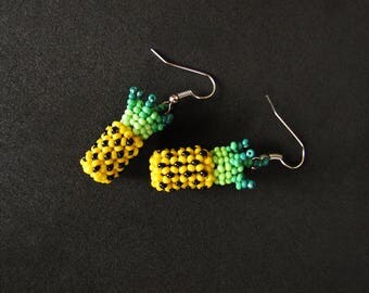 Pineapple Earrings, Fruit Jewelry, Tropical Earrings, Fun Earrings, Beaded Fruit Earrings, Pineapple Themed Jewelry, Huichol Beading