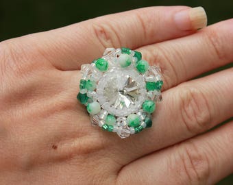 Beaded ring Adjustable ring silver stacking ring statement ring seed bead ring swarovski ring emerald ring handmade ring ring gift