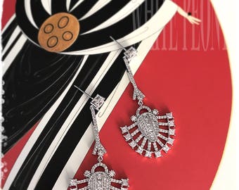 Luxury 1920s Art Deco Revival Gatsby Bridal Crystal Fan Chandelier Earrings-Dainty Clear AAA Cubic Zirconia CZ Old Hollywood Earrings-"AIDA"