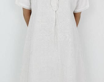 French antique linen dress/France/white/hand-woven linen/short sleeves/219