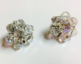 Vintage Signed Capri AB Aurora Boralis Crystals Clip On Earrings Silver Tone