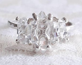 Elvish Herkimer Diamond ring: twigs and natural crystal stone