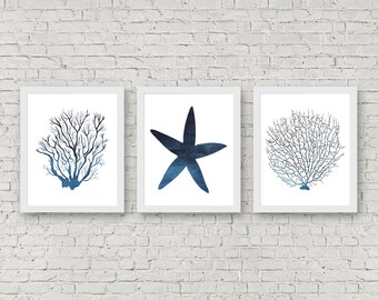 Set Of 3 Art Prints - Seaweed /Starfish /Coral Printable Wall Art - Sea Life Art Set - Marine Life Poster - Watercolor Sea Creatures