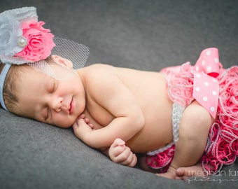 Baby Girl Outfit With Headband - Baby Girl Clothes - Tea Party Hat - Newborn Photo Prop - New Baby Gift - Coming Home Outfit - Baby Shower