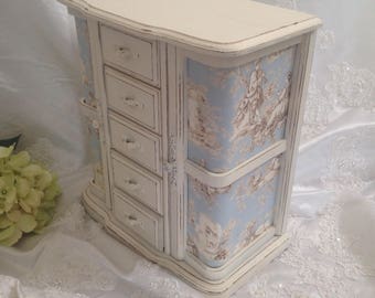 Large Jewelry Box Armoire Shabby Chic Hand Painted Antique White Vintage Wood Toile Fabric Jewelry Box
