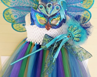 Girls Peacock tulle tutu dress; Girl's peacock costume with accessories; peacock birthday dress; blue and green tulle dress; Peacock tutu