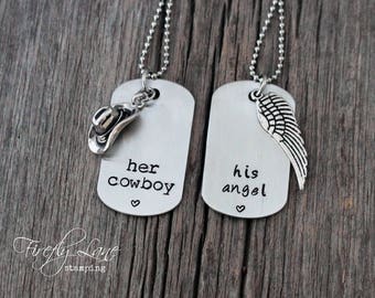 Her Cowboy, His Angel hand stamped dog tag couples necklaces, country lyrics, country love, cowboys & angels