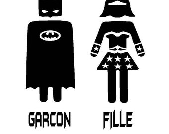 Garcon and Fille Superhero Batman & Wonder Woman Bathroom Door or Bedroom Door Decal 4".5x5"