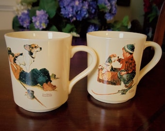 Vintage Norman Rockwell Museum Cups Set of 2, Collectible Porcelain "A Boy and His Dog" Four Seasons Mug Collection 2 Coffee/Tee Cups, 1984