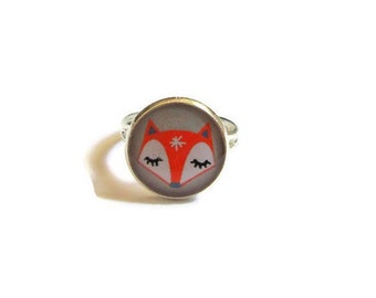 FOX RING - ORANGE sleeping fox Ring - Ring For Girls - Kids Ring - Silver Adjustable Ring - Retro Look Ring - Girls Jewelry - Kids Jewelry