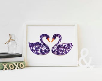 Original Paper Art, Quilled Art, Swan Art, Swan Wall Art, gift for wife, anniversary gift her, art for living room, wedding gift couple