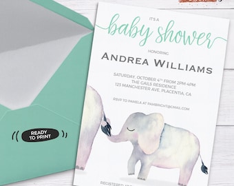 Elephant Baby Shower invitation Boys Elephant baby shower DIY printable couples aqua mint and grey elephant baby shower invitation