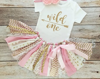 Pink and Gold Wild One Birthday Outfit with Headband/Pink and Gold Arrow Fabric Tutu/Baby Girl/Shirt with Age