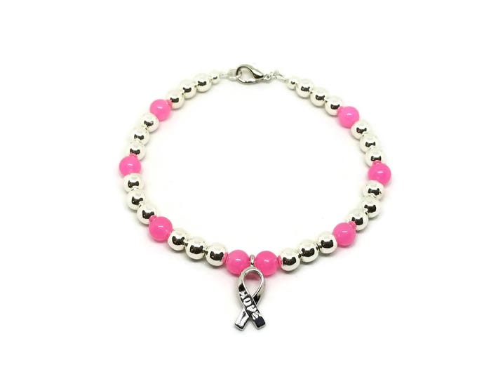 Pink Ribbon Bracelet, Breast Cancer Awareness Bracelet, Pink Ribbon Jewelry, Breast Cancer Jewelry, Hope Awareness, Pink and Silver Beads
