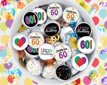 Happy 60th Birthday Stickers - Round Stickers - Hershey Kiss Stickers - Multicolored, Balloons, Rainbow Colors - 324 Sticker Count