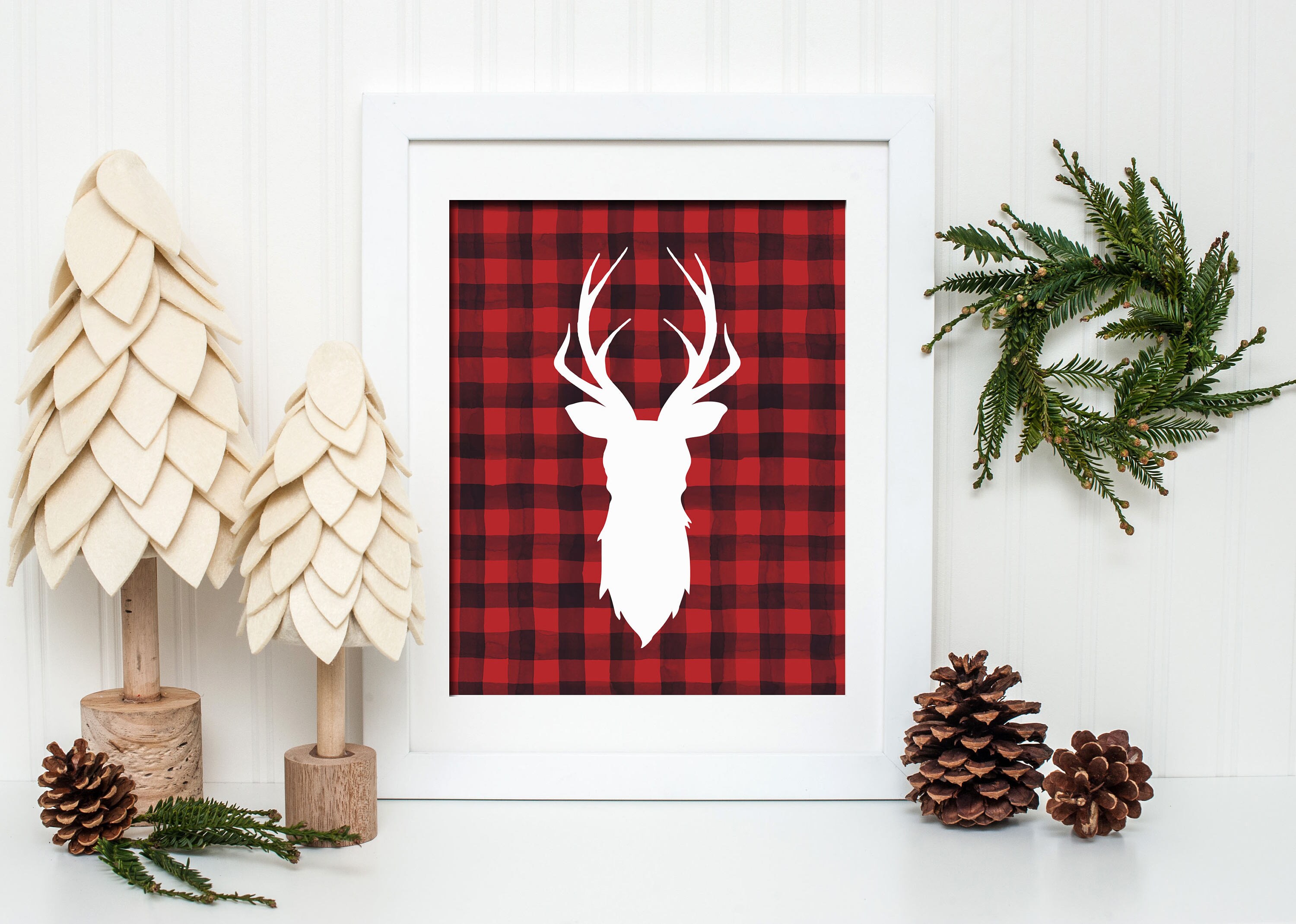 Watercolor Red Buffalo Plaid Deer Printable Wall Art Buffalo