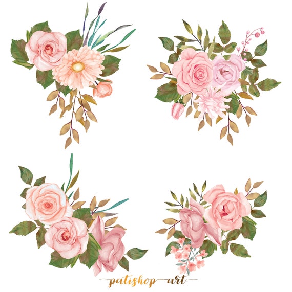 Download Watercolor Flower Clipart Blush Rose Gold Leaves Clipart ...