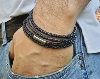 Men Leather Bracelet, Mens Bracelet, Leather Bracelet, Wrap Leather Bracelet, Black Leather Bracelet, Men's Black Bracelet, Gift for Men