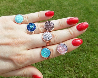 Resin Druzy Ring Statement Rose Gold or Silver adjustable ring Choose Color of Druzy, with macaron storage box