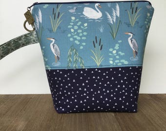 Project Bag, Knitting Bag, Knitting Project Bag, Crochet Bag, Wedge Bag, Zippered Pouch Bag, Sock Knitting, Herons and Swans