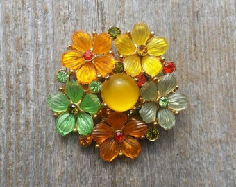 Lucite and Rhinestone Flower Wreath Brooch