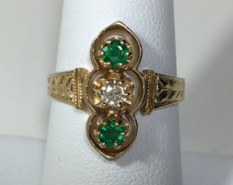 14K Yellow Gold Emerald and Old European Cut Diamond Ring.