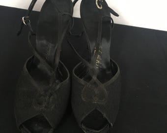 Vintage Black Sling Back Peep Toe with Rhinestone Clasp