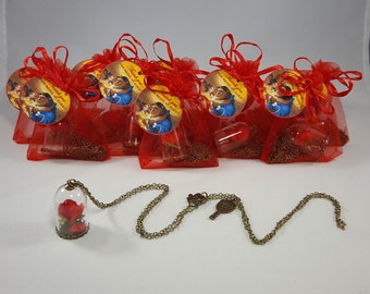 Beauty and the Beast Party Favor - SET 10 - Beauty and the Beast Enchanted Rose Necklace - Birthday Princess Favor - Party Favor Beauty