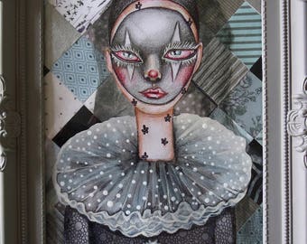 Clown No1 Original Mixed Media Whimsical Folk Art Framed by WhimsyOfBluebell
