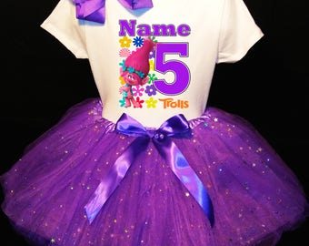 TROLLS***With NAME*** 5th Fifth 5 Birthday Dress Fast Shipping Purple party Shirt & Tutu outfit Poppy Personalized