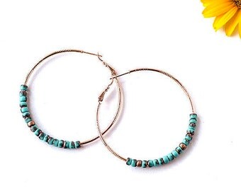 Original Gift for Daughter Gift Hoop Earrings Rose Gold Earrings Turquoise Earrings Turquoise Jewelry Rose Gold Jewelry Gold Plated Earrings