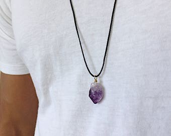 Mens Crystal Necklace Purple Stone Necklace Third Eye Chakra Necklace Spiritual Necklace Healing Necklace Raw Amethyst Necklace Raw Gemstone