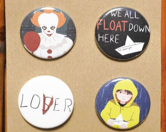 It (Stephen King) Pin/Button Set - Pennywise, Georgie, Loser/Lover, We All Float Down Here