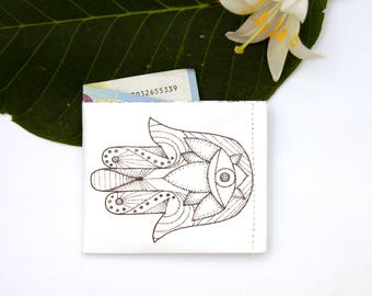 HAMSA Paper Wallet, Tyvek, Handmade, Vegan, Upcycled, Eco-Friendly, Thin, Durable, Illustration
