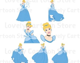 Cinderella Svg, Eps, Dxf and Png formats - 7 Postures Clipart - Disney Princess - Digital Download