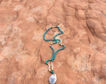 Mala-Jasper, Turquoise Magnesite and White Swarovsky Pearl-knotted