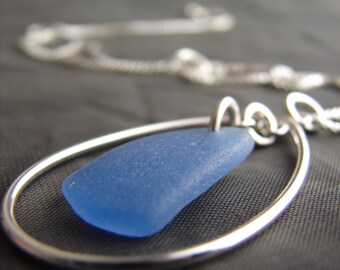 Sea Keeper Cornflower Blue Sea Glass Necklace / beach glass jewelry / sterling silver sea glass jewelry / teardrop necklace / beach wedding