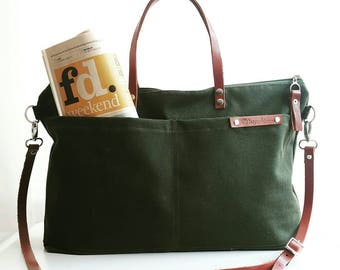 Waxed Canvas Weekender Tote Bag, Army Green waxed tote, forest green messenger bag, green waxed bag, waxed canvas handbag, waxed canvas tote