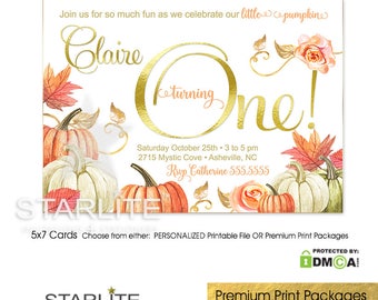 Fall 1st Birthday Invitation Girl, Our Little Pumpkin Turning One, First Birthday Invitation, Orange Gold, Printable, Pumpkin Invite Printed