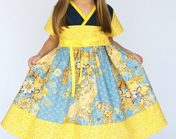 Little Girls Spring Dress - Girls Birthday Dress - Toddler Girl Clothes - Girls Kimono Dress - Blue and Yellow - 12 months to 14 years