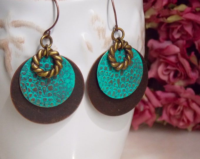 Verdigris Patina Brass Earrings- Green Blue Dangle Drop Bohemian Earrings -Metal Earrings-Boho Earrings-Rustic Woodland Earrings