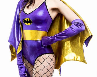 Sugarpuss OLD SCHOOL BATGIRL Set, One-Piece, Bodysuit, Batcape, Metallic Lycra, Batman Patch, Original Batgirl