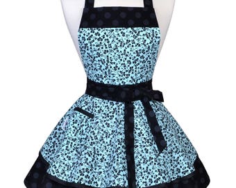 Womens Ruffled Retro Apron . Blue Black Vines on Black Polka Dots Womans Vintage Kitchen Pinup Kitchen Apron to Personalize or Monogram (CS)