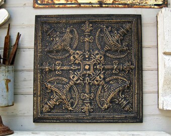 Tin Ceiling Tile. 2'x2' FRAMED Ready to Hang. Vintage architectural salvage from Texas. Black metal wall decor. Tin tile. Old pressed tin.