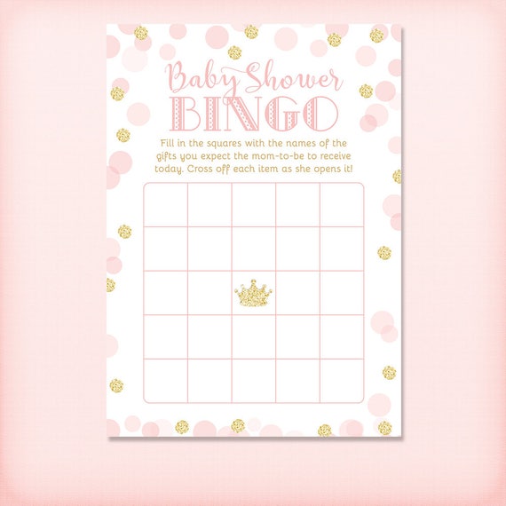 Princess Baby Shower Bingo Game Card Royal Pink and Gold