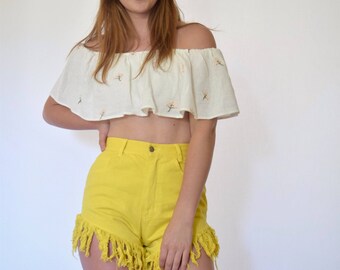 80s Acid Yellow Grungy High Waisted Super Fringe Shorts xs s